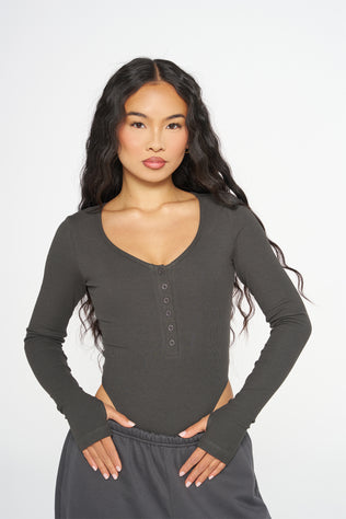 Hailey Ribbed Bodysuit - Charcoal