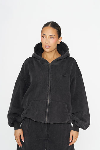 Embossed Zip Up Hoodie - Washed Black