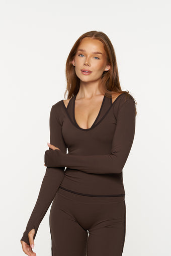 Natalia V Neck Long Sleeve Top - Mocha & Espresso
