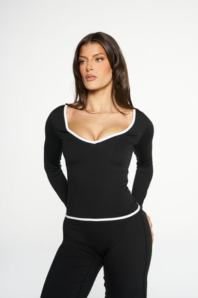 Natalia V Neck Long Sleeve - Midnight & White