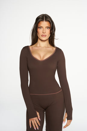 Natalia V Neck Long Sleeve - Mocha & Chocolate
