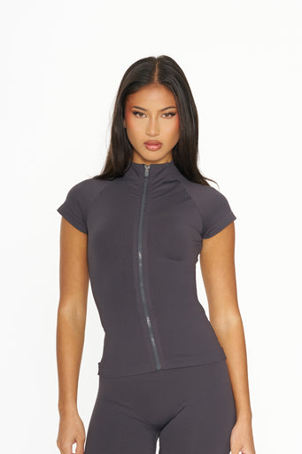 Nia Zip Up Tee - Charcoal