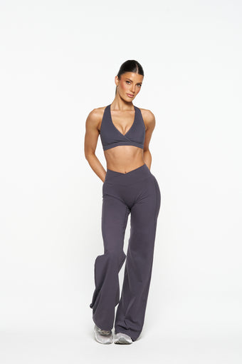 V Front Wide Leg Pants - Slate Grey